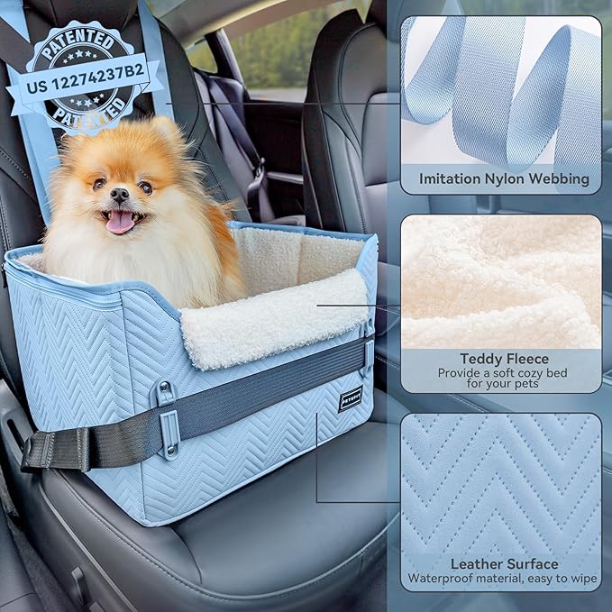 PETSFIT Dog Car Seat Medium Sized Dog, Stable Small Dog Car Seat for Car with Clip-On Leash, Fleece Liner Suitable for Small Pets Up to 25lbs (Blue)