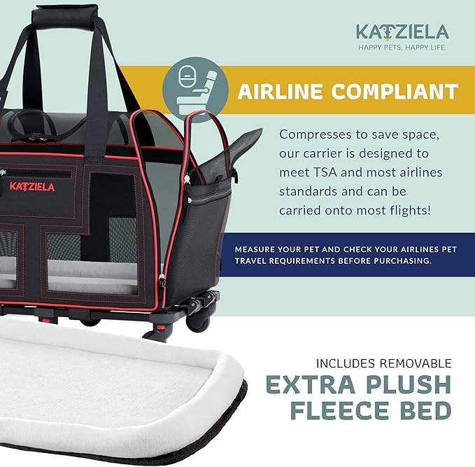 Airline Compliant Pet Carrier - Rolling Portable Travel Carry Crate for Small Dog Puppy or Cat - Soft Removable Wheeled Design with Mesh Window Sides - Airplane and TSA Compliant- by Katziela