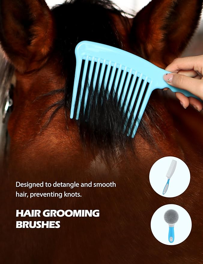 Harrison Howard Horse Grooming Kit 11-Piece Equine Care Series Horse Brush Sets with Organizer Tote Bag Tack Room Supplies Shedding Grooming Massaging Tools Blue Brushstroke Ponies