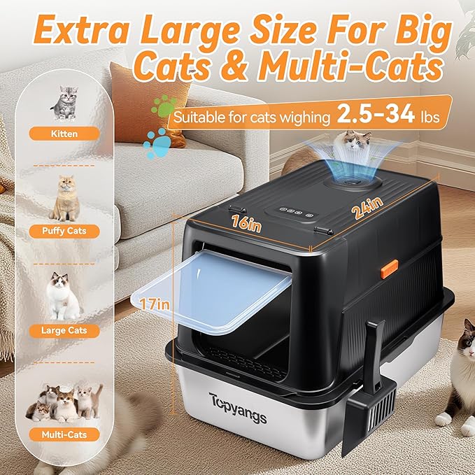 Odor-Control Stainless Steel Litter Box, 135° Flip-Top Metal Cat Litter Box with Electric Deodorization, Enclosed High Sided Litter Pan, Breeze Litter Box System, Anti-Urine Leakage