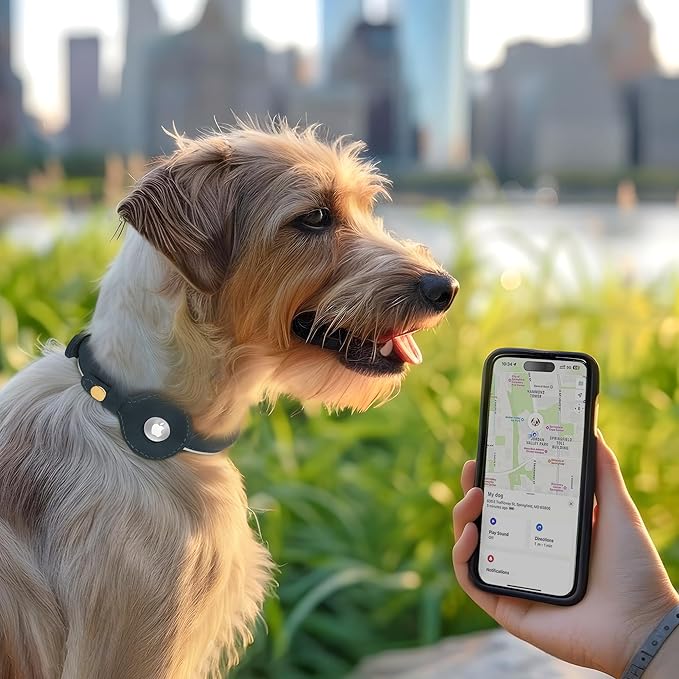 OOPSDOGGY Rolled Leather Dog Collar with Airtag Holder - Reflective Round Airtag Dog Collar - Soft Tracking Pet Collar for Small Dogs Puppy Cats Kitten (Denim, S, 10"-13")