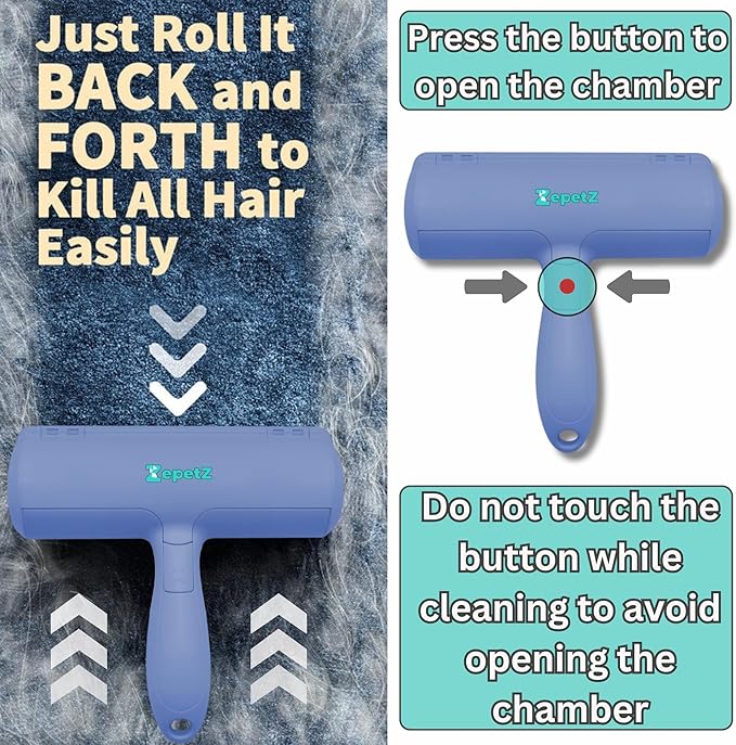 Pet Hair Removal Tool – Reusable Lint Roller for Dogs & Cats – Self-Cleaning Fur Remover Brush – Ergonomic Lint Roller for Carpet, Bedding, Couch, Car Seat & More (Blue)