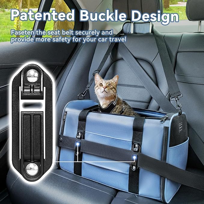PETSFIT Soft-Sided Cat Carriers & Car Seats with Patent Safe Buckles, Clip-On Harness，18"x11"x11" Airline Approved Pet Carrier - 9 lbs Capacity (Blue)