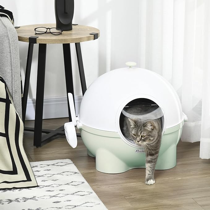 PawHut Hooded Cat Litter Box, Large Kitty Litter Pan with Lid, Scoop, Leaking Sand Pedal, Top Handle, Light Green