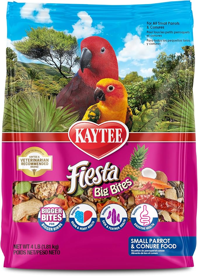 Kaytee Fiesta Big Bites Small Parrot & Conure Food, Nutritious and Fun Blend, Supports Skin, Feather, Digestion, Brain and Heart Health, 4 pounds