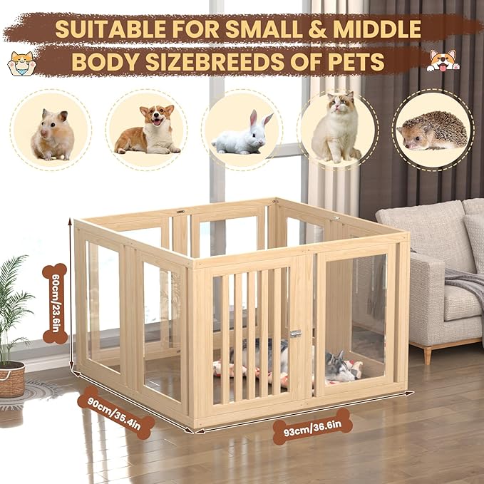 8 Panels Dog Playpen with Door, 23.6" H Pet Playpen Indoor, Clear Acrylic Puppy Playpens, Wooden Puppy Fence with Gate, Transparent Dog Pens, Pet Pen Indoor for Dogs, Cats, Rabbit, Small and Medium