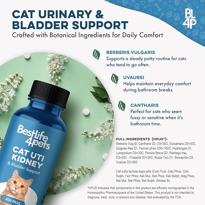 Cat UTI Remedy & Kidney Support for Cats, Natural Urinary Tract Infection and Cat Bladder Crystals Treatment Helps Flush Out Kidney Stones, Clears Infection, & Improves Kidneys Health, 400 Tiny Pills