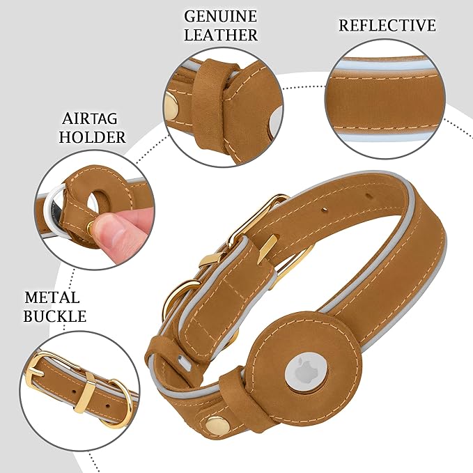 OOPSDOGGY Reflective Geniune Leather Airtag Dog Collar Soft Padded Collars for Small Medium Large Breed Dogs Puppy, 4 Sizes, 7 Colors (Camel, XLarge, 19"-24")