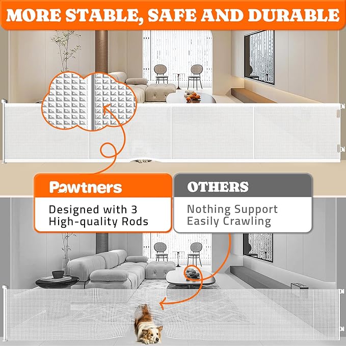 Pawtners Retractable Baby Gates Extra Wide, 41" Tall Extends up to 200" Wide, Dog Gate Indoor for Stairs, Pet Gate with Support Rods for Doorways Hallways Garage Indoor & Outdoor-White