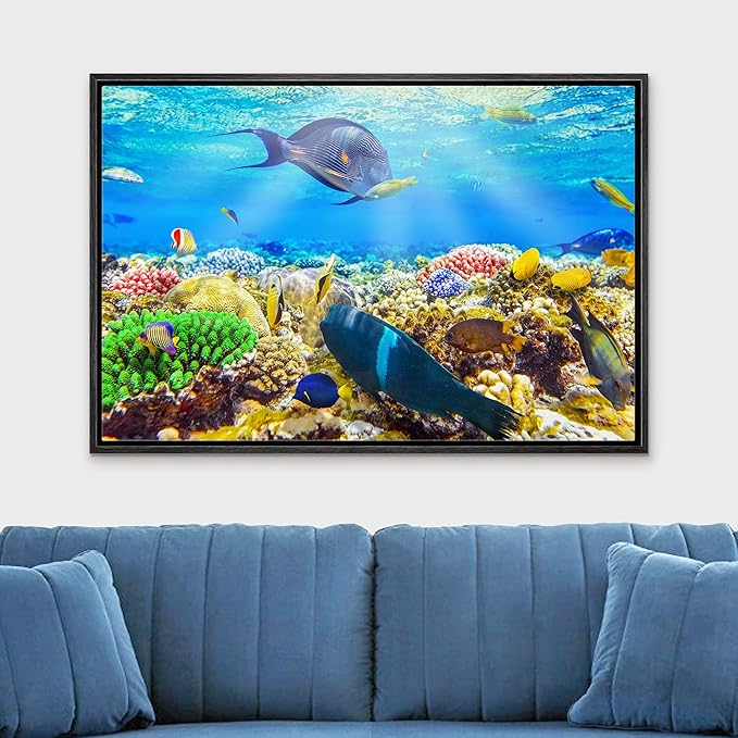wall26 Framed Canvas Print Wall Art Sunlight Ocean Sea Coral Reef Anemone Fish Nature Animals Realism Rustic Scenic Landscape Wilderness Earth for Living Room, Bedroom, Office - 24"x36" Black
