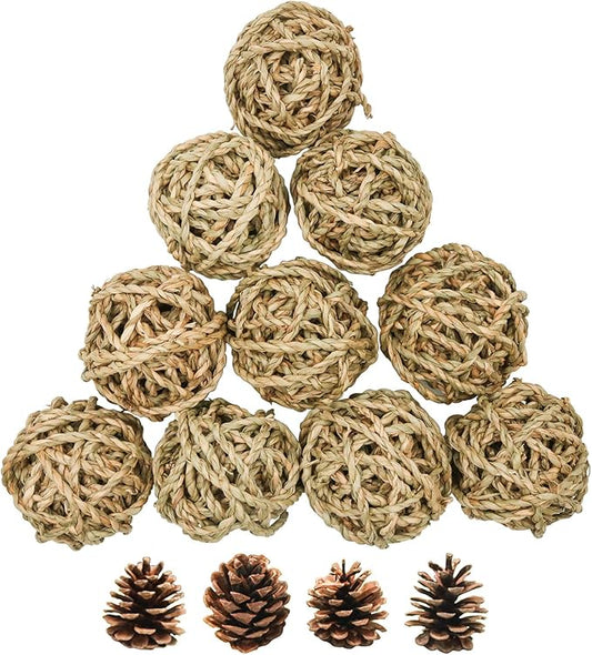10 Pcs Small Animals Play Balls Rolling Activity Chew Toys Gnawing Treats for Rabbits Guinea Pigs Chinchilla Bunny Natural Balls, Pet Cage Entertainment Accessories(10Pcs)