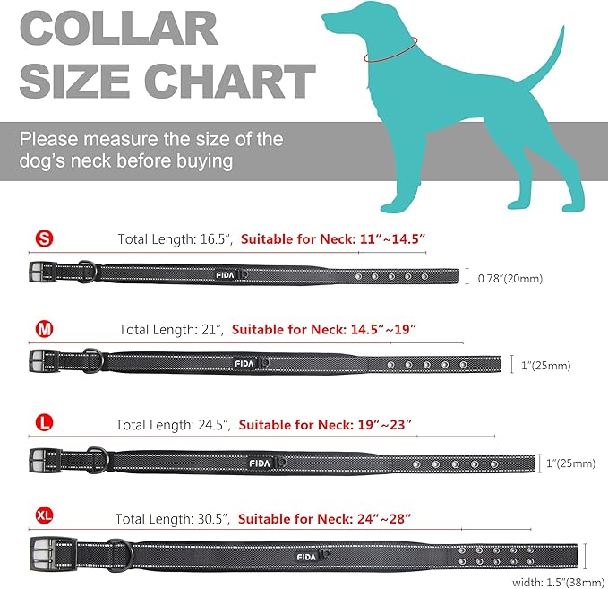 Fida Heavy Duty Dog Collar 1.5” Width, Ultra Soft Neoprene Padded, Adjustable Reflective Nylon Pet Collar with Two Metal Pin Belt Buckle for Large/X-Large Breeds (XL, Black)