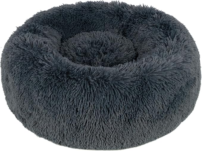 Best Pet Supplies Round Donut Dog Bed with Plush Faux Fur Fabric, Calming, Anti-Anxiety Cushion for Indoor Pets, Slip-Resistant Base, Soft Ergonomic Support - Gray, 27x27x7.5''