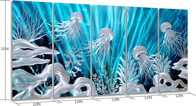 SYGALLERIER Jelly Fish Large Metal Wall Art Hand Grind Aluminum Artwork 3D Undersea World Coastal Pictures Nautical Decor for Living Room Bedroom