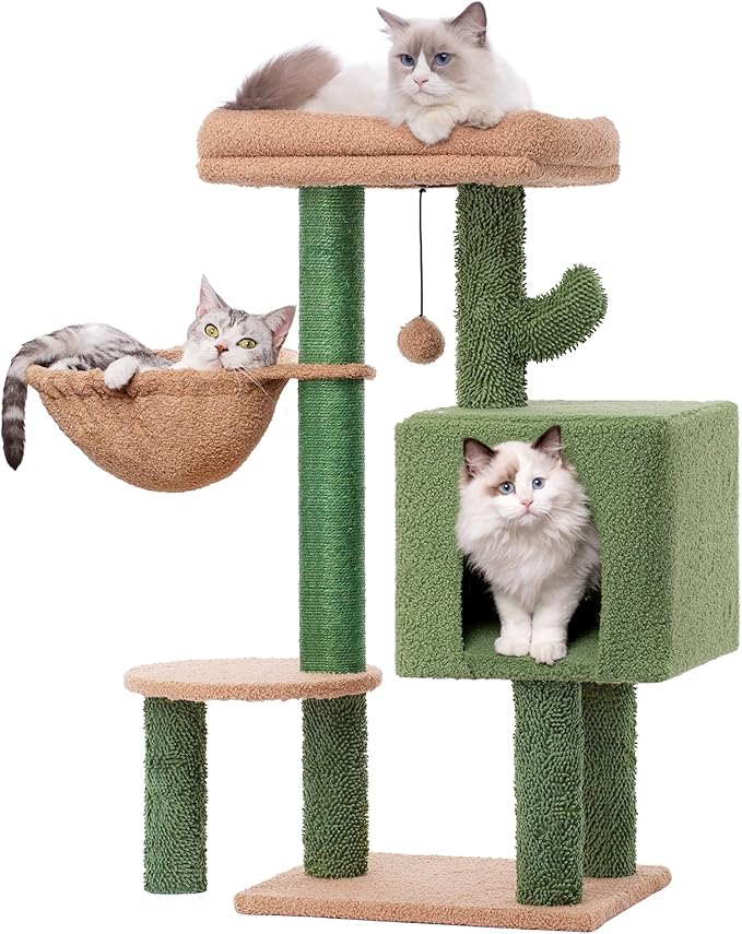 Cactus Cat Tree Small Cat Tower with 32 Inches Scratching Post with Cats Condo House, Cozy Hammock and Removable Top Bed and Dangling Ball for Indoor Cats-34” Green