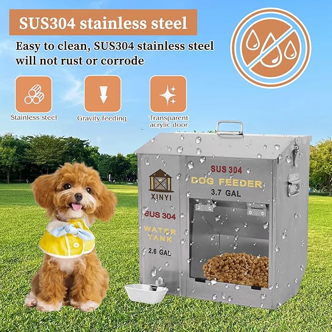 XINYI Automatic Dog Feeder and Waterer 2-in-1,SU304 Stainless Steels 2.6 Gallon Water Tank with 1 Aluminum Alloy Water Cup, 3.7 Gallon Dog Food Dispenser,Automatic Feeder for Pets, Breed, Cat