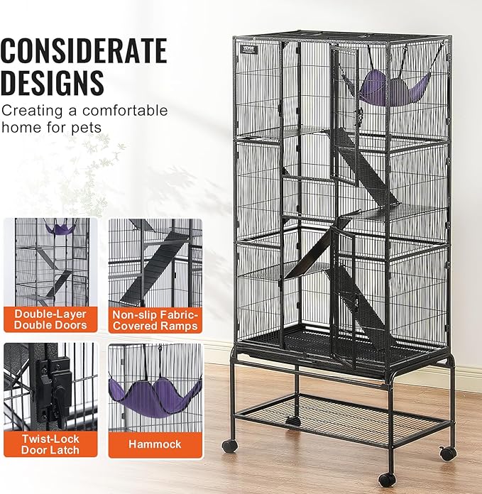 VEVOR 69" Rolling Metal Ferret Cage, Large 4-Tier Critter Nation Cage, Small Animal Cage with Ramps & Tray, Easy to Set up for Pet Mice, Hamster, Guinea Pig, Chinchilla, Squirrel, Hedgehogs, Bunny