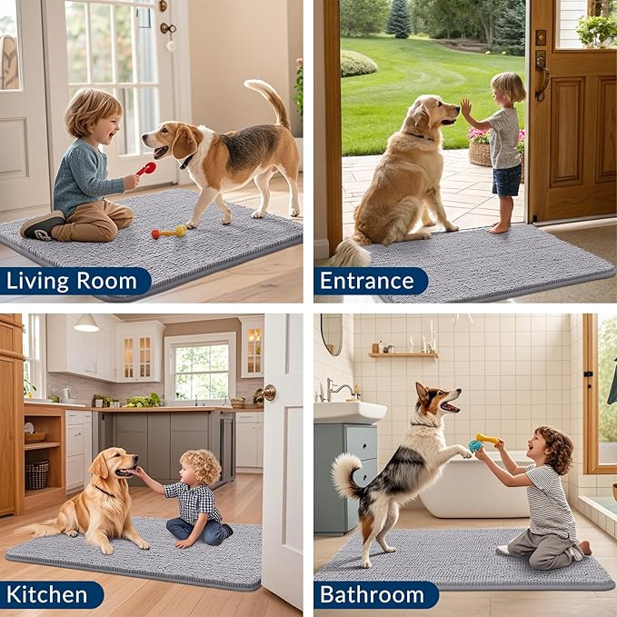 Smiry Dog Door Mat for Muddy Paws 47x24, Absorbs Moisture and Dirt Doormat, Non-Slip Washable Quick Dry Chenille Front Door Mat Indoor Entrance, Entryway Carpet for Inside Floor, Light Grey