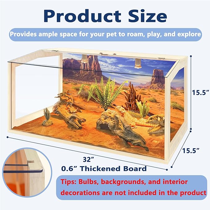 Bearded Dragon Tank, Reptile Enclosure, Snake Tank, Reptile Terrarium, Built-in Light Fixtures with Switch, (30 Gallon, 32" Long, Clear Acrylic Roof)