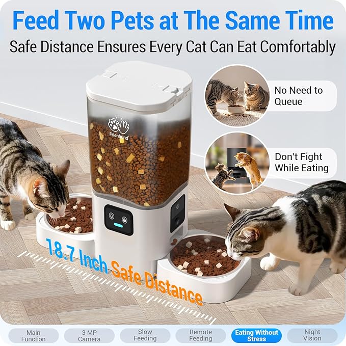 Automatic Cat Feeder with Two HD Camera for 2 Cats: 5G WiFi Automatic Dog Feeder with Night Vision & Slow Feed, 7L Auto Cat Food Dispenser for Multiple Pet, Detachable for Cleaning - 29 Cup