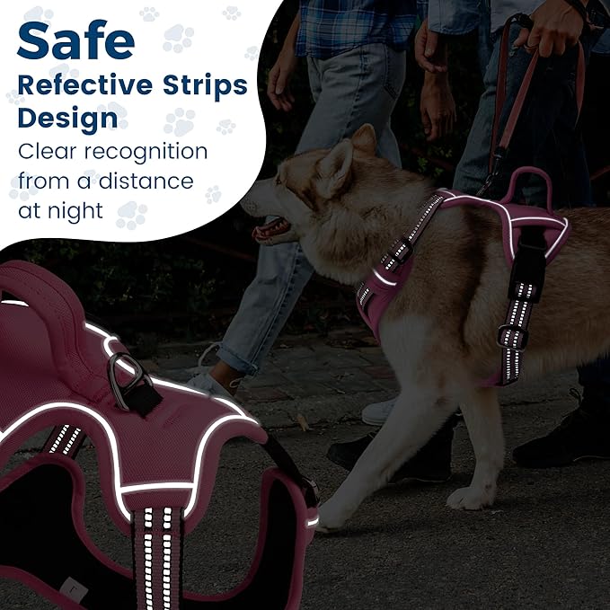 Funfox Dog Harness No Pull, Adjustable Pet Vest Harness, Super Soft Material with Vertical Handle Easy Control, Reflective Night Walking, 2 Leash Clips for Medium Sized Dogs, Pink, M