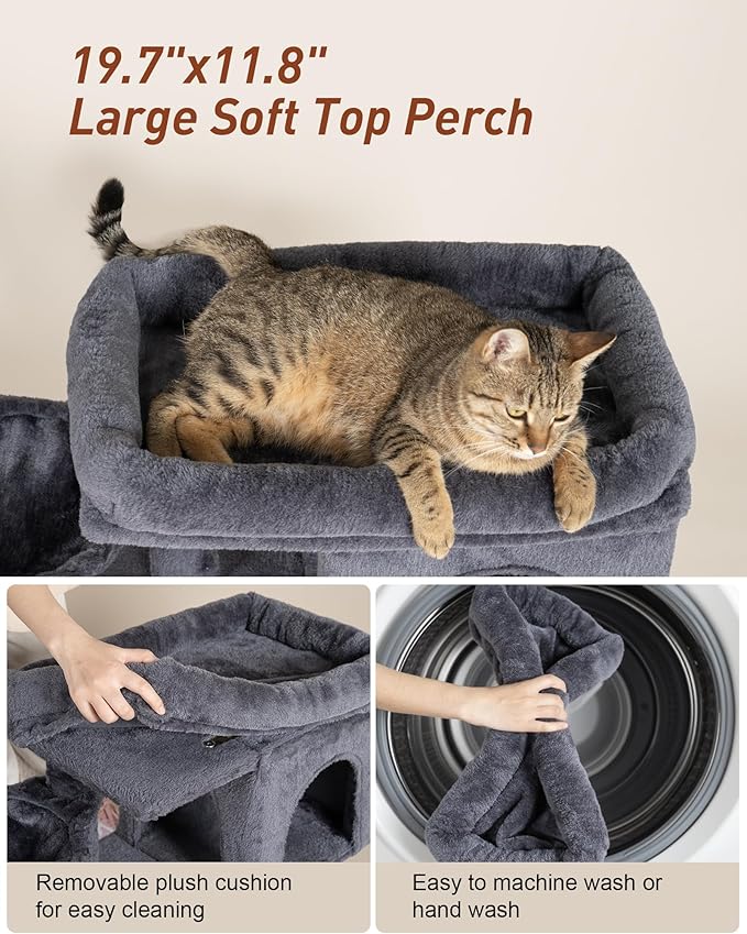 Cat Tree with Large Top Perch, 21.6in Cat Tower with Big Hammock and Dual Condos, All-in-one Cat Activity Center