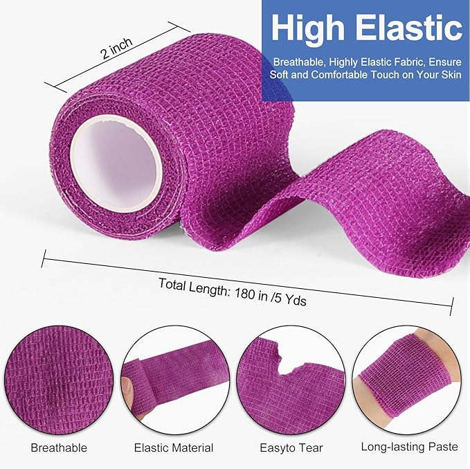 24 Pack 2 Inch x 5 Yards Self Adhesive Bandage Wrap, Elastic Cohesive Wrap 2 inch Vet Wrap Bandage Tape, Purple Grip Tape for Athletic, Sports, First Aid Medical, Wrist, Ankle Sprains