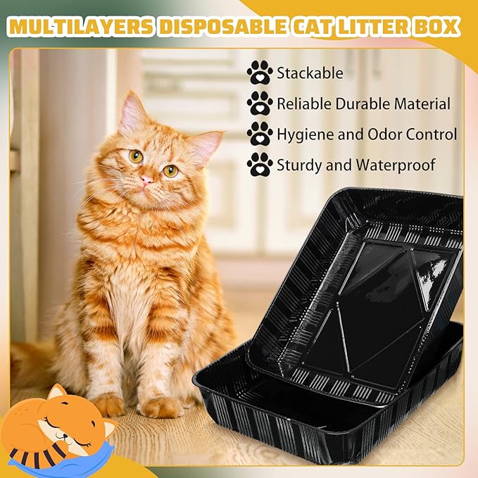 Zubebe 50 Pack Disposable Cat Litter Box for Cats, Large Disposable Kitty Litter Tray Boxes 19.69 x 15.75 x 3.94 Inches Plastic Pets Pan Standard for Indoor Home Travel Portable(Black)