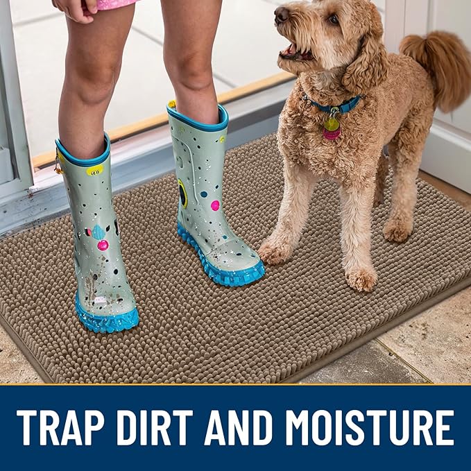 Smiry Dog Door Mat for Muddy Paws 48x30, Absorbs Moisture and Dirt Doormat, Non-Slip Washable Quick Dry Chenille Front Door Mat Indoor Entrance, Entryway Carpet for Inside Floor, Camel