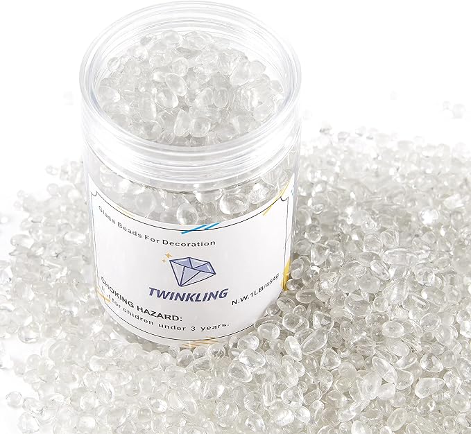 TWINKLING High Luster Round Fire Glass Stones, Marbles, Pebbles, Beads Gems for Fire Pit Vase Fillers Crafts Aquarium Garden Decoration, 3-6mm, 1-Pound Jar (Crystal)