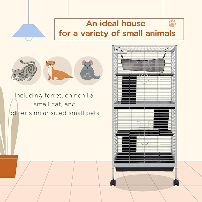 PawHut Metal Small Animal Cage, 4-Tiers Rolling Big Ferret Cage with Hammock, Removable Tray, for Chinchilla, Sugar Glider, White