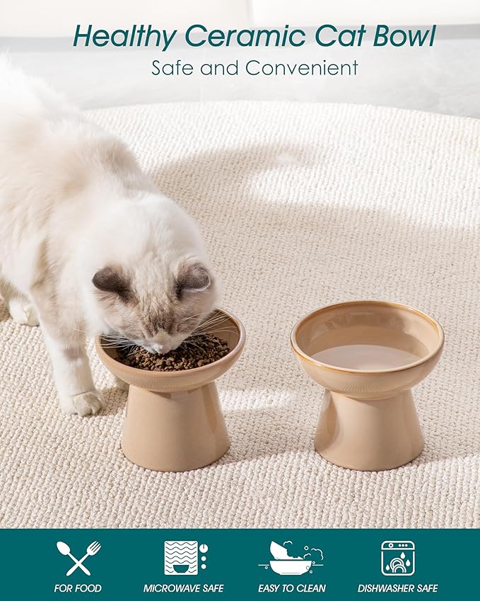vancasso Ceramic Elevated Cat Bowls 2-Pack - 6.2" Extra Wide Raised Cat Food & Water Dishes, 5.1" Optimal Height Anti-Whisker Fatigue Shallow Bowls for Cats/Kittens/Dogs, Lead & Cadmium Free (Brown)