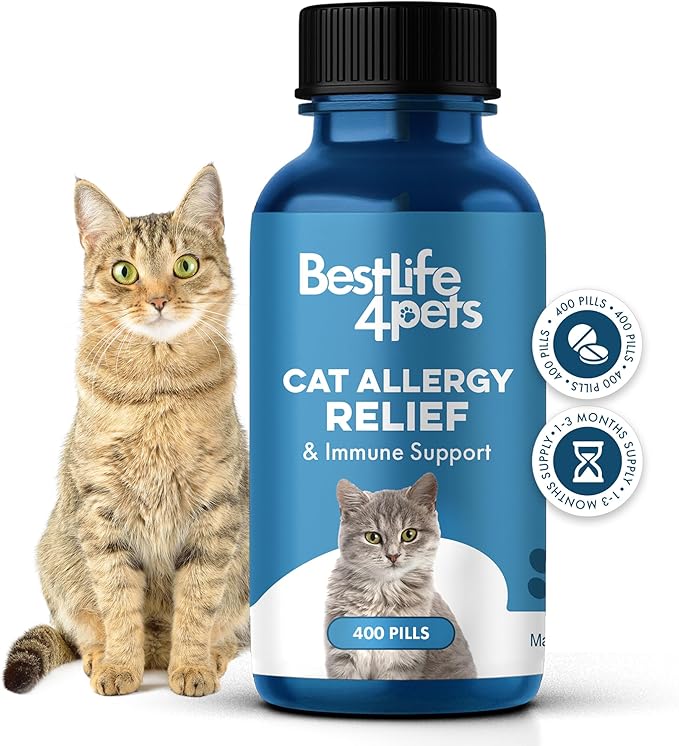 Cat Allergy Relief & Immune Support, Natural Relief for Seasonal Allergies, Itching, Sneezing, Congestion, Runny Nose, and Feline Respiratory Infections, 400 Small Odorless Tasteless Pills