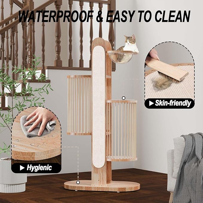 Modern Cat Tree Tower for Indoor Cats, 67" Tall Solid Wooden Cat Tower with Scratching Posts, 6 Level Natural Luxury Cat House with Big Bed, Washable Cushions Cat Furniture for Large Cats White