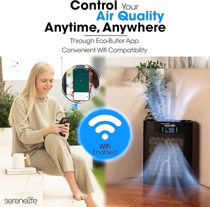 SereneLife HEPA Air Purifier for Home – Smart WiFi & App Control, Ultra-Quiet Air Purifier for Bedrooms & Large Rooms, Removes Dust, Pet Hair & Odors, Ideal for Pets & Allergies (1,076 Sq Ft, Black)