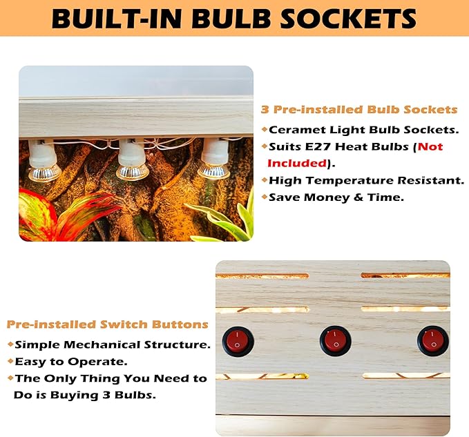 Bearded Dragon Tank, Reptile Enclosure, Snake Tank, Reptile Terrarium, Built-in Light Fixtures with Switch, (37 Gallon, 40" Long, Thick Wood Roof)