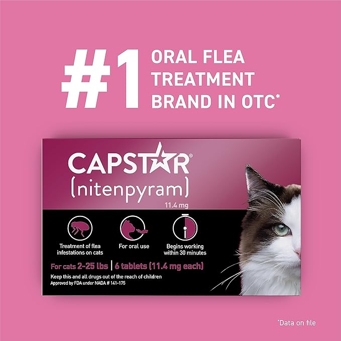 Capstar (nitenpyram) for Cats, Fast-Acting Oral Flea Treatment for Cats 2-25 lbs, Vet-Recommended Flea Medication Tablets Start Killing Fleas in 30 Minutes, 12 Doses