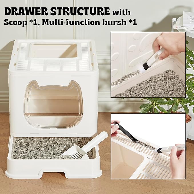 Gefryco Foldable Cat Litter Box with Lid,Covered Litter Box for Small and Medium Cats, Enclosed Cat Potty with Scoop and Brush, Top Entry Cute Kitten Litter Tray with Drawer and Top Cover(White)