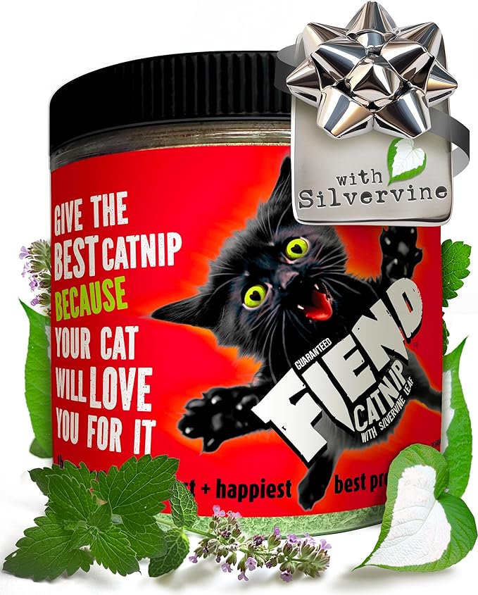 Fiend Catnip + Silvervine for Cats & Kittens Safety-Cut Premium Fine Cat Nip Blend with Vegan Silvervine + Sticker – Ultra Potent, North American – 1 Cup (34.5g) Go Ahead, Create a Monster!