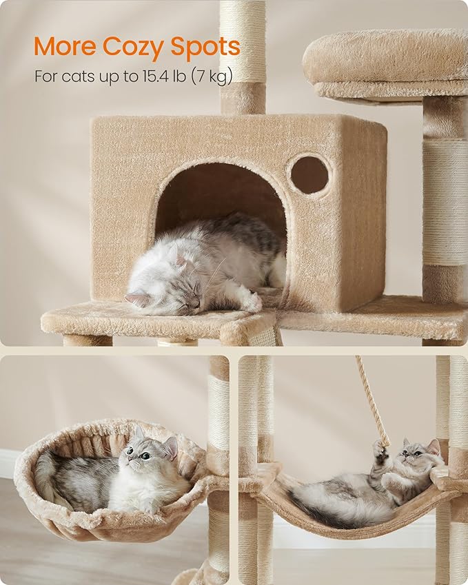 Feandrea Cat Tree, 81.1-Inch Large Cat Tower with 13 Scratching Posts, 2 Perches, 2 Caves, Basket, Hammock, Pompoms, Multi-Level Plush Cat Condo for Indoor Cats, Camel Brown UPCT190K01