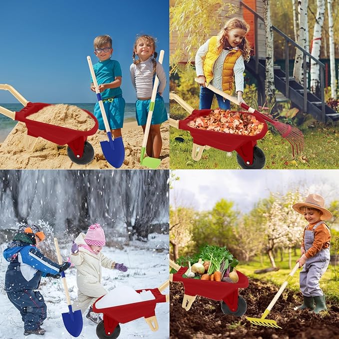 Kids Gardening Tools Outdoor Toys Set Backyard Play with Wheelbarrow Educational STEM Learning Pretend Toys Outdoor Indoor for Toddlers Kids Boys Girls (Red Wheelbarrow Set)