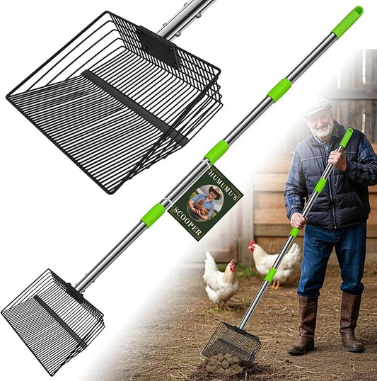 12inch Large Chicken Poop Scooper，2 Widths of Slots Litter Sifting Shovel （23 to 66"），Chicken Coop Litter Scoop with Stainless Steel Handle, 4 in 1 Multifunctional Heavy Duty Chicken Coop Accessories