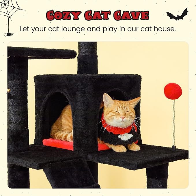 MWPO Gothic Cat Tree for Indoor Cats, 63.8 Inches Multi-Level Cat Tower with Sisal-Covered Scratching Posts, Padded Platform, Hammock, Dangling Toys, Stable Cat Condo Pet Play House, Black