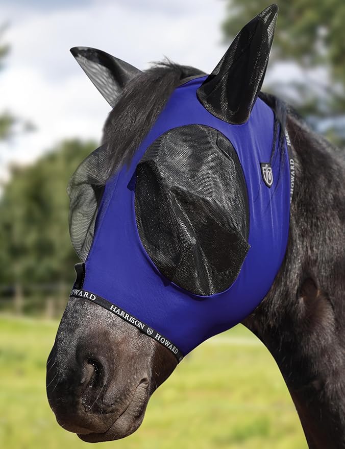Harrison Howard Horse Fly Mask with Forelock Opening Stretch Breathable and Comfortable for Horses UV -Protection Navy M