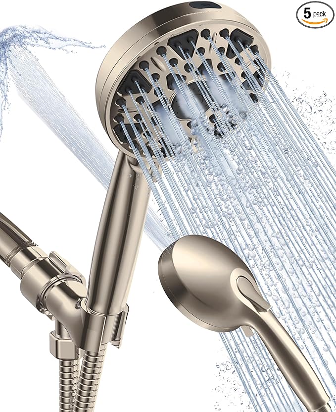 High Pressure Shower head with Handheld 7 Modes, Built-in Power Wash to Clear Tub. Tile & Pets, 5” High Flow Hand Held Rain Showerhead with Stainless Steel Hose and Adjustable Bracket- Brush Nickel