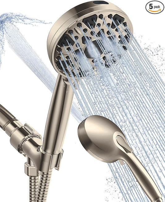 High Pressure Shower head with Handheld 7 Modes, Built-in Power Wash to Clear Tub. Tile & Pets, 5” High Flow Hand Held Rain Showerhead with Stainless Steel Hose and Adjustable Bracket- Brush Nickel