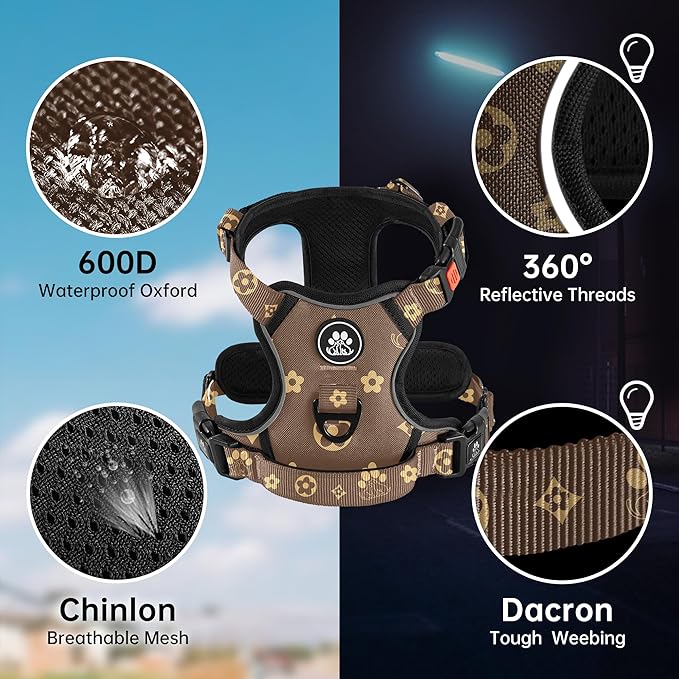 NESTROAD No Pull Dog Harness,Adjustable Oxford Dog Vest Harness with Leash,Reflective No-Choke Pet Harness with Easy Control Soft Handle for Large Dogs(Large,Dark Brown)