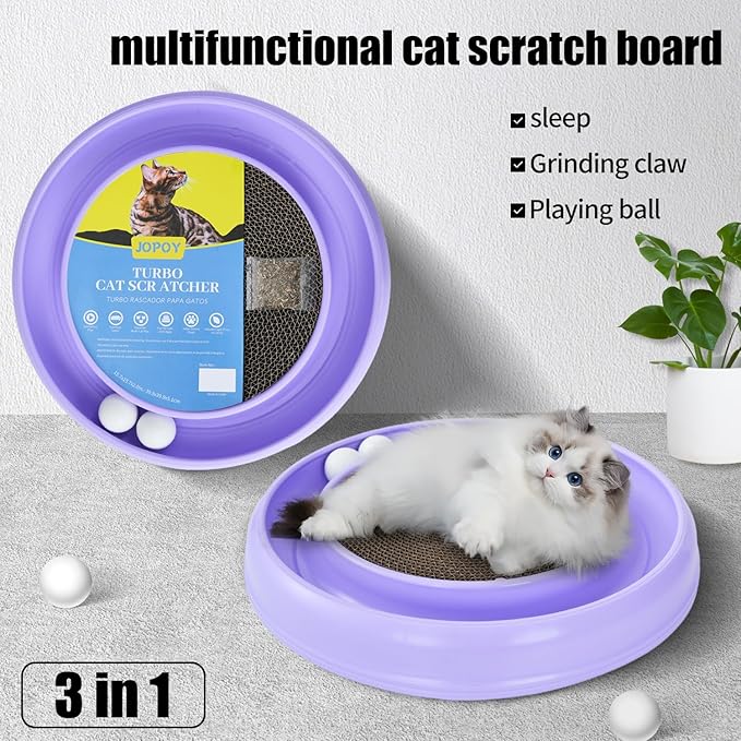 Interactive Cat Scratcher with Two Rotating Balls,Durable Scratch Pad for Indoor Play,Cardboard Cat Scratcher Pad with Cat Toy Ball Track and Catnip,2-in-1 Cat Toy (Purple)