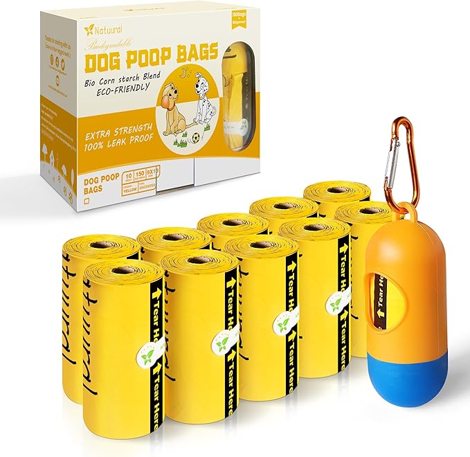 Dog Poop Bags-150 Counts with Holder (10 Rolls), Biodegradable Poop Bags, Eco-friendly and Easy to Open, Thick Dog Waste Bags (Yellow)