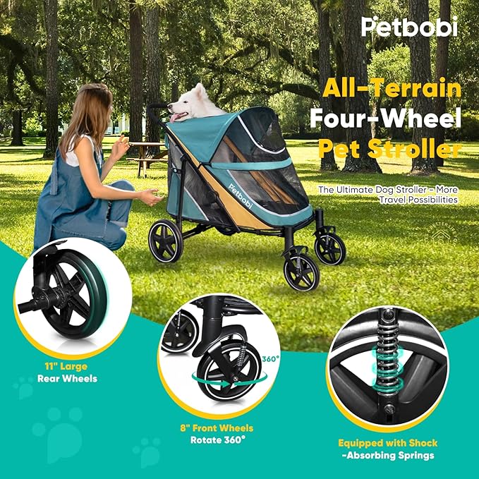 Petbobi Dog Stroller for Medium Dogs - Easy Fold Dual Entry Pet Stroller with One-Foot Brake, All Terrain Wagon Cart with Large Air Mesh, Ideal for Large Senior Pets up to 80 lbs, Green